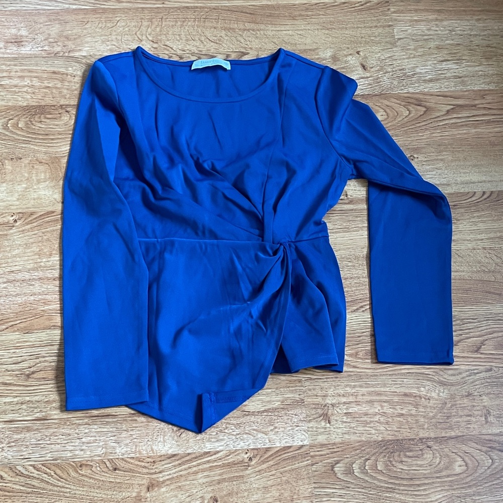 Cobalt Blue Twist Front Knot Blouse Long Sleeve Stretch Top Royal Blue S